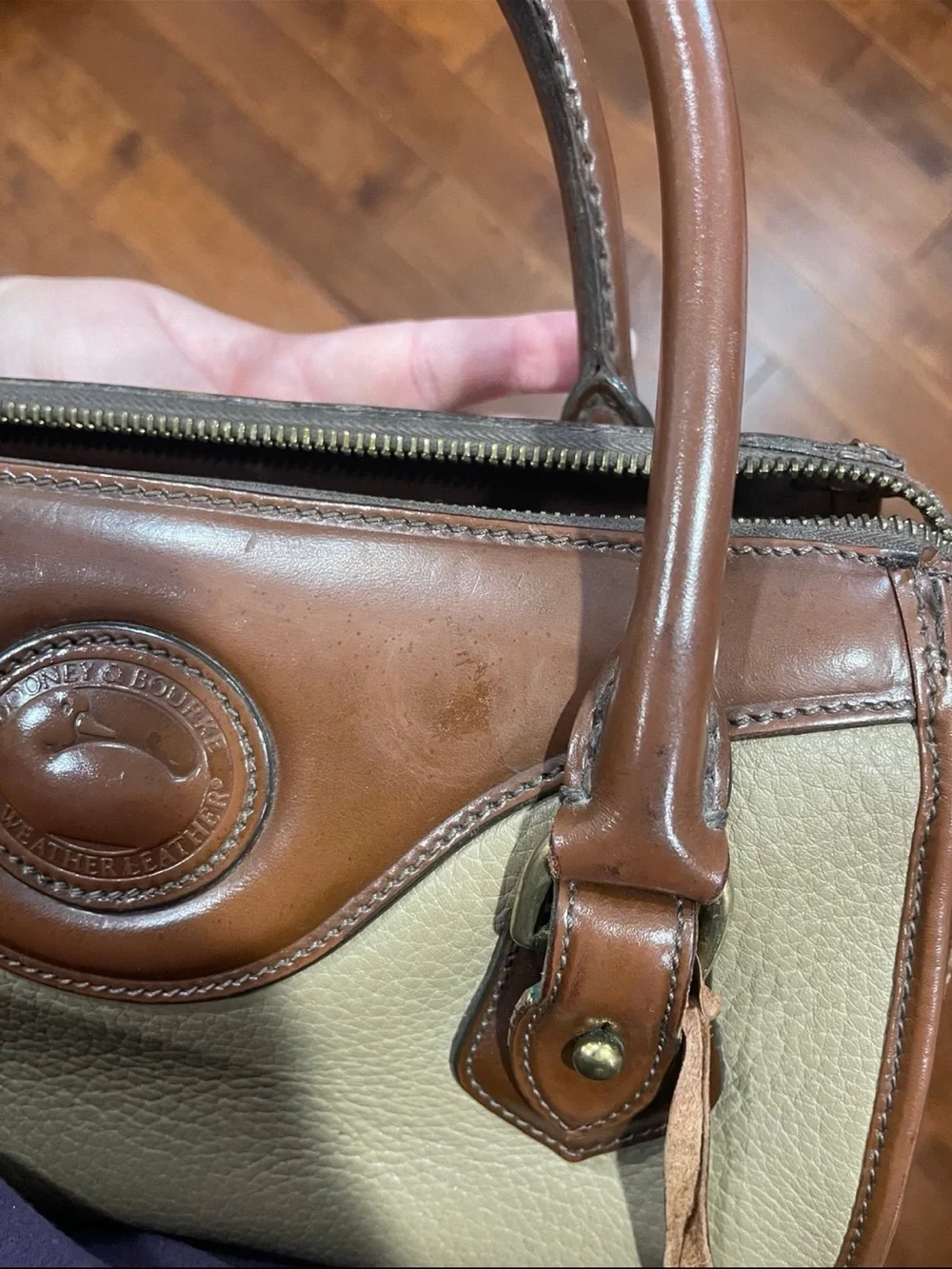 Dooney & Bourke Beige and Brown Leather Trim Cassini Satchel